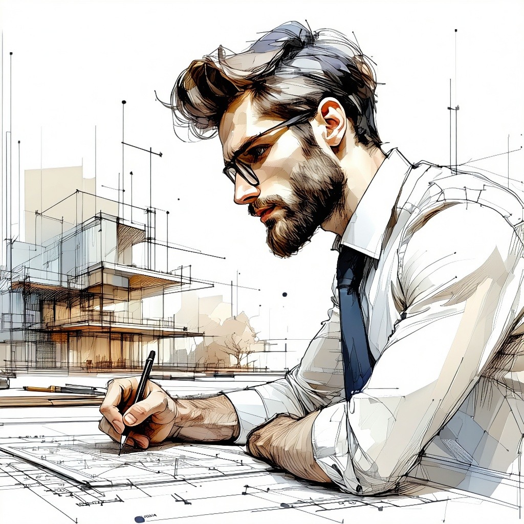 an image of a 30to 40 year old man at a desk changing a plan with a pen  like an architect  I dont want to be able to see the detail of what he is doing Give him a beard